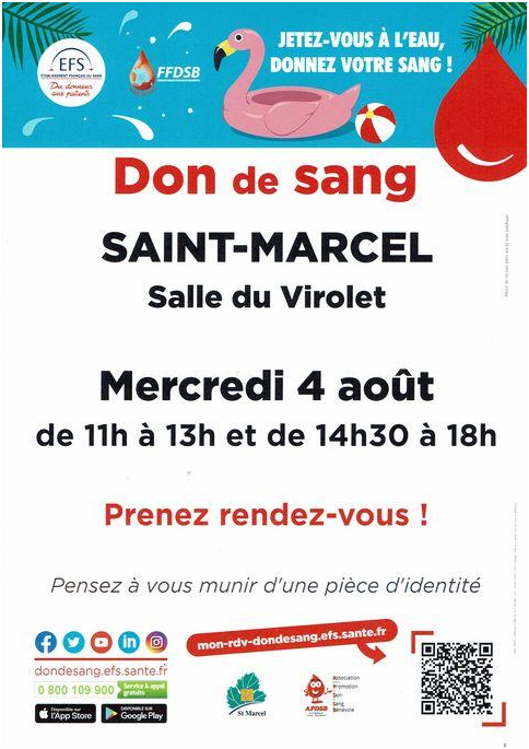 Une collecte de don du sang sera organisée par l'EFS à Saint-Marcel le 04 août 2021 de 14h30 à 18h à la Salle du Virolet. 