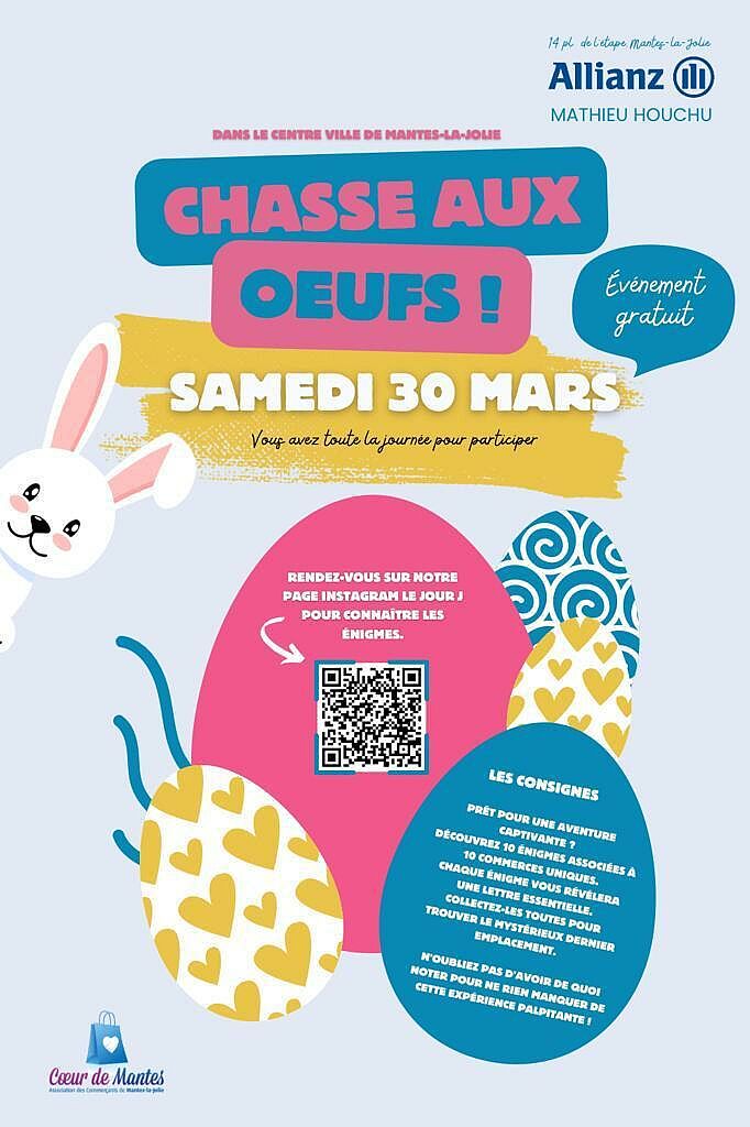 Chasse aux oeufs dans le centre ville de Mantes-la-Jolie le 30 mars 2024 avec l'association Coeur de Mantes